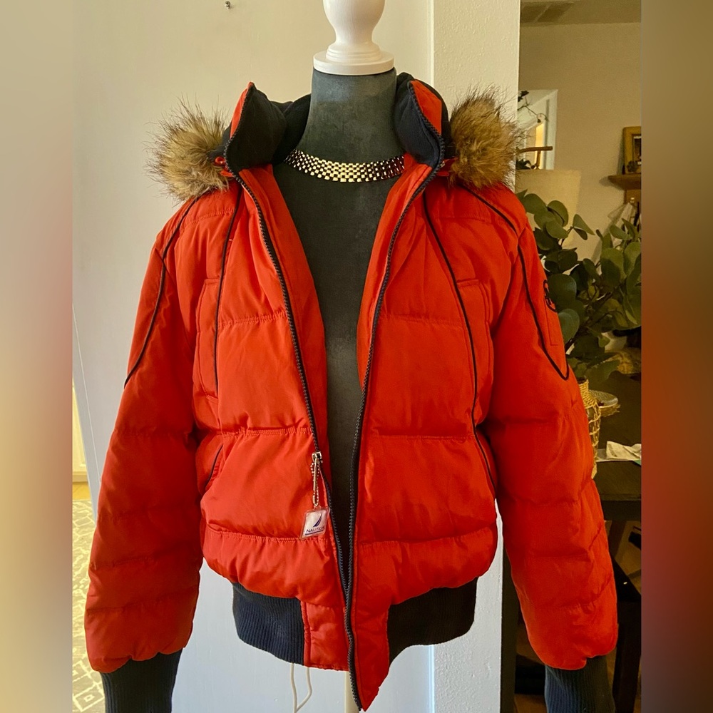 Nautica Red/orange Puffer Jacket with Faux Fur Hood